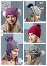 Load image into Gallery viewer, https://images.esellerpro.com/2278/I/147/800/king-cole-ladies-womens-aran-knitting-pattern-hats-5037.jpg