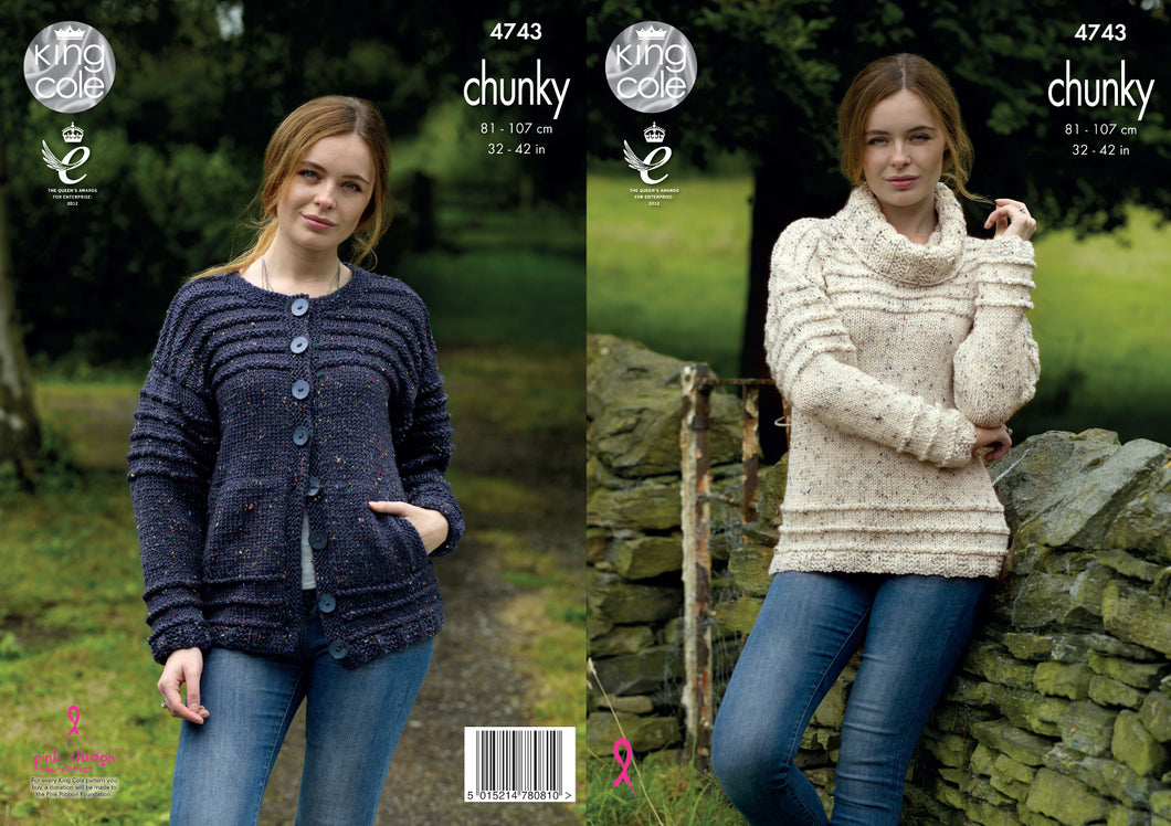 King Cole Chunky Knitting Pattern - Ladies Ribbed Sweater & Cardigan (4743)