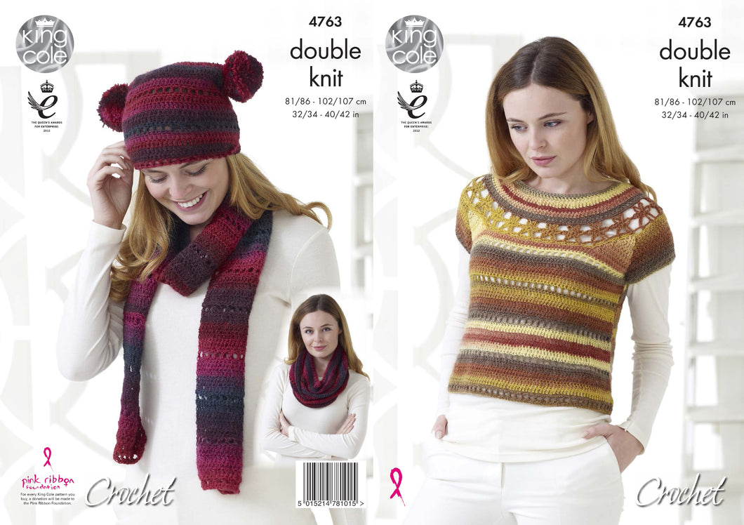 King Cole Double Knit Crochet Pattern - Ladies Top Hat Scarf & Snood (4763)