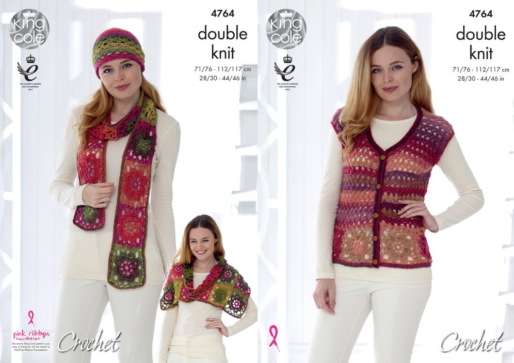 King Cole Double Knit Crochet Pattern - Ladies Waistcoat Hat Scarf & Wrap (4764)