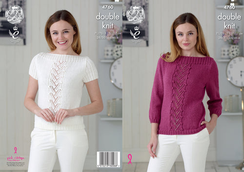 King Cole Double Knitting Pattern - Ladies Boat Neck Sweater & Top (4760)