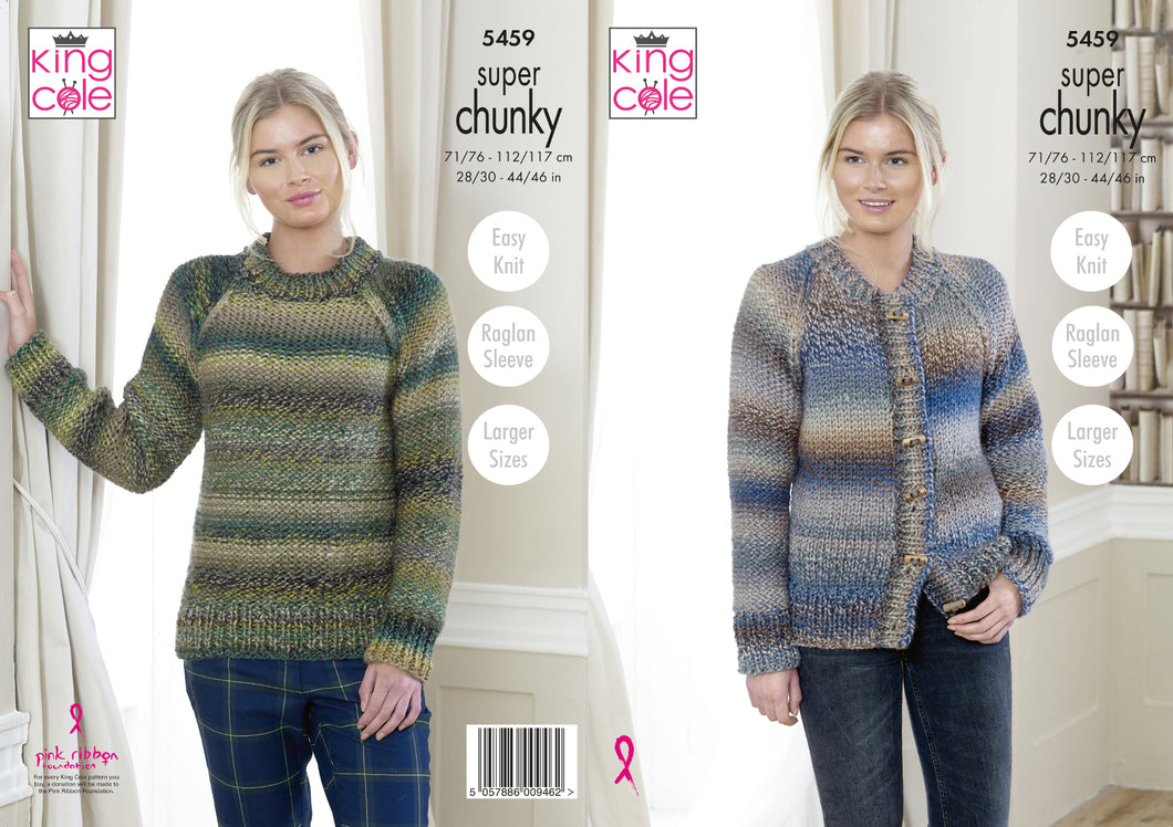 King Cole Super Chunky Knitting Pattern - Ladies Sweater & Cardigan (5459)