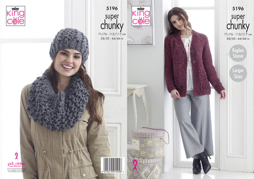 King Cole Super Chunky Knitting Pattern - Ladies Jacket & Accessories (5196)