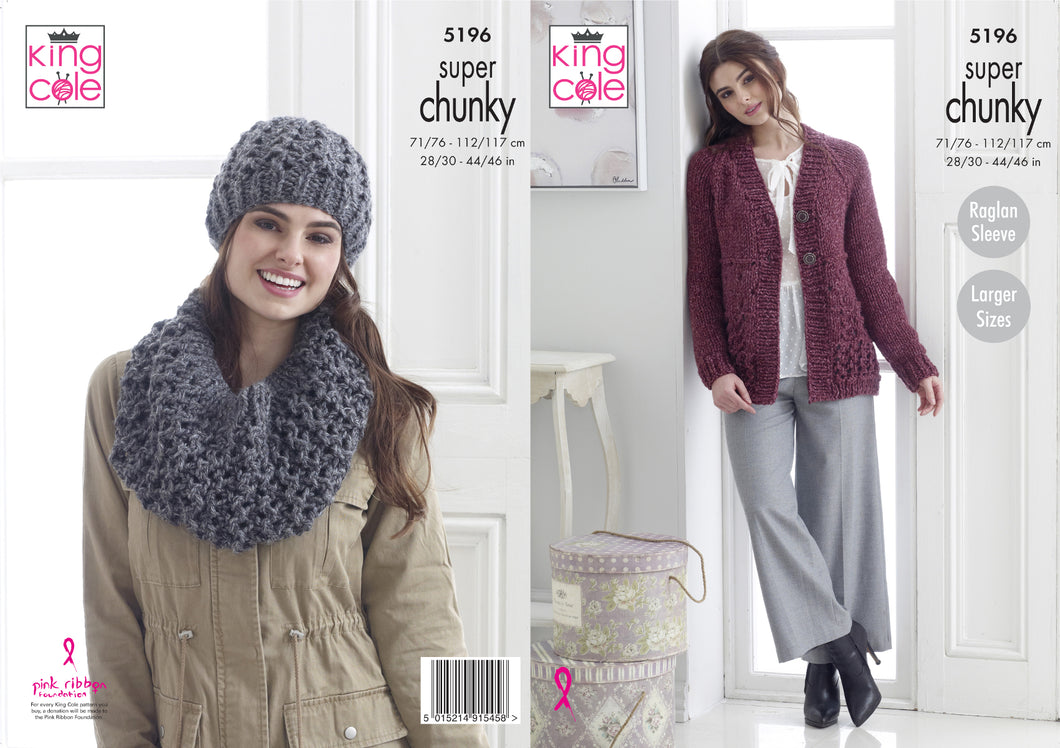 King Cole Super Chunky Knitting Pattern - Ladies Jacket & Accessories (5196)