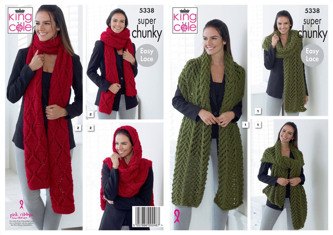 King Cole Super Chunky Knitting Pattern - Ladies Scarves (5338)