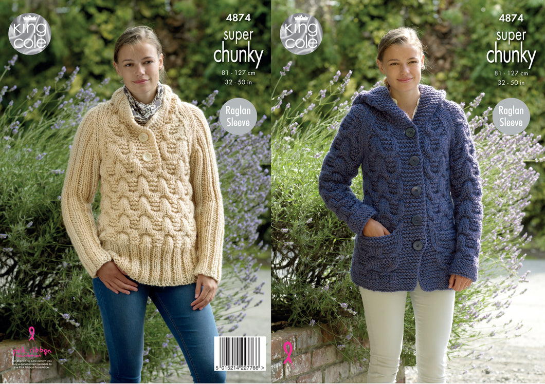 King Cole Super Chunky Knitting Pattern - Ladies Hooded Jacket & Sweater (4874)