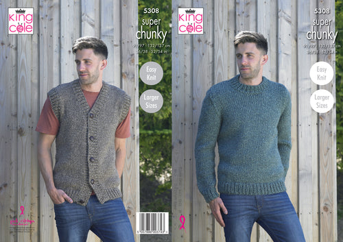King Cole Super Chunky Knitting Pattern - Mens Waistcoat & Sweater (5308)