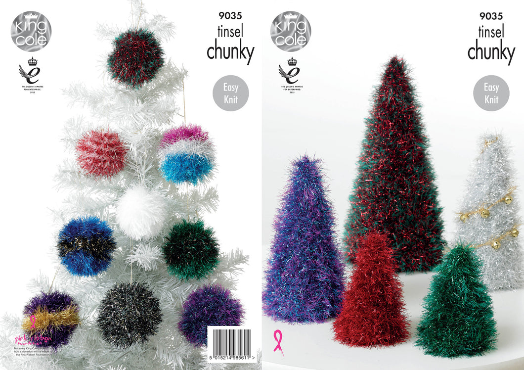 King Cole Tinsel Chunky Knitting Pattern - Christmas Trees & Baubles (9035)
