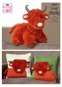 King Cole Tinsel Knitting Pattern - Highland Cow Toy & Cushion Covers (9089)