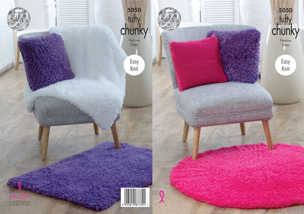 King Cole Tufty Chunky Knitting Pattern - Blankets Cushions & Rugs (5050)