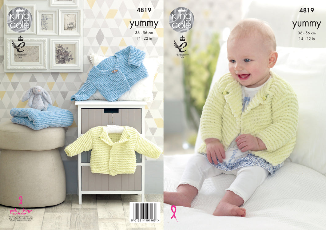 King Cole Yummy Knitting Pattern - Baby Cardigans & Blanket (4819)