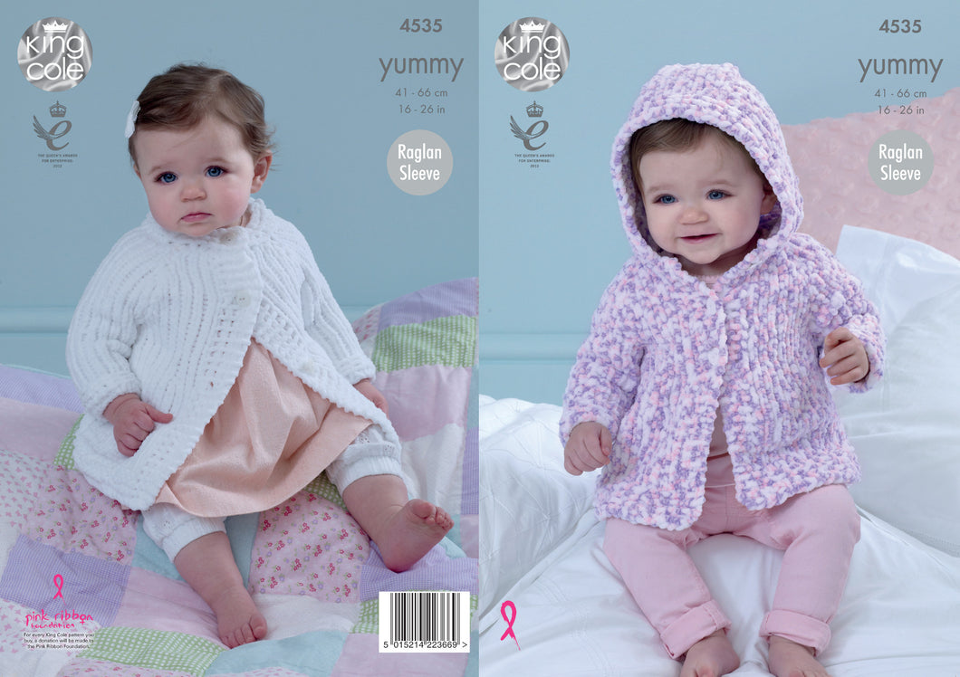 King Cole Yummy Knitting Pattern - Baby Raglan Sleeved Jackets (4535)
