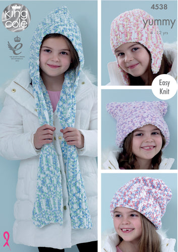 King Cole Yummy Knitting Pattern - Girls Hats & Scarf (4538)