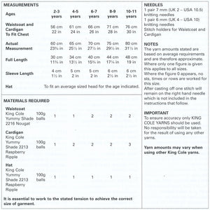King Cole Yummy Knitting Pattern - Girls Waistcoat Cardigan & Hat (4536)