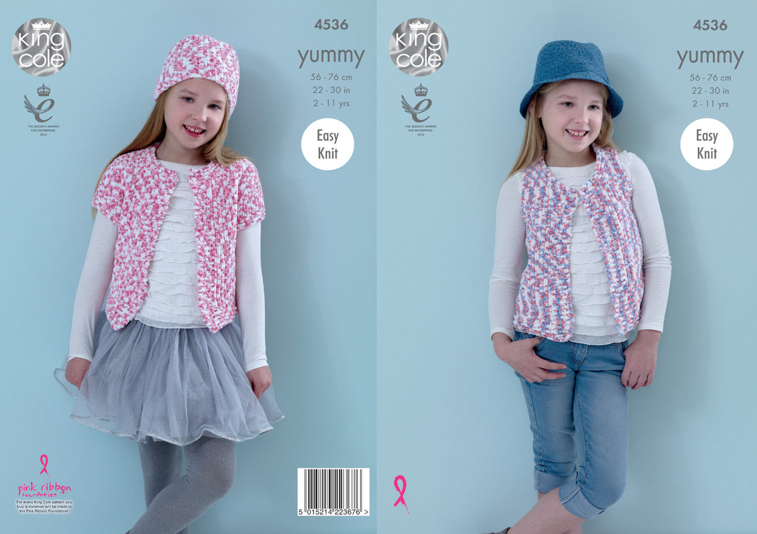 King Cole Yummy Knitting Pattern - Girls Waistcoat Cardigan & Hat (4536)
