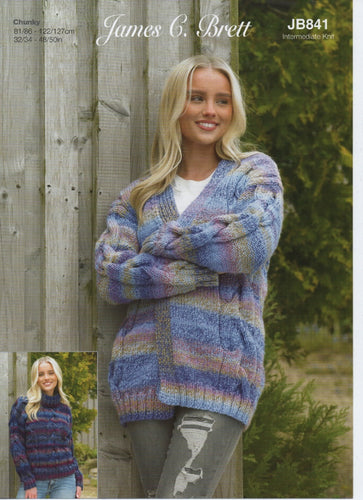 James Brett Chunky Knitting Pattern - Ladies Sweater & Cardigan (JB841)