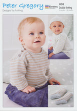 Load image into Gallery viewer, Peter Gregory Double Knitting DK Pattern Baby Sweater, Dress, Socks &amp; Hat (808)