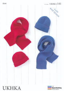 Aran Yarn Knitting Pattern for Kids Hats & Scarves (UKHKA 141)