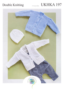 UKHKA 197 Double Knitting Pattern - Baby Cardigans & Hat